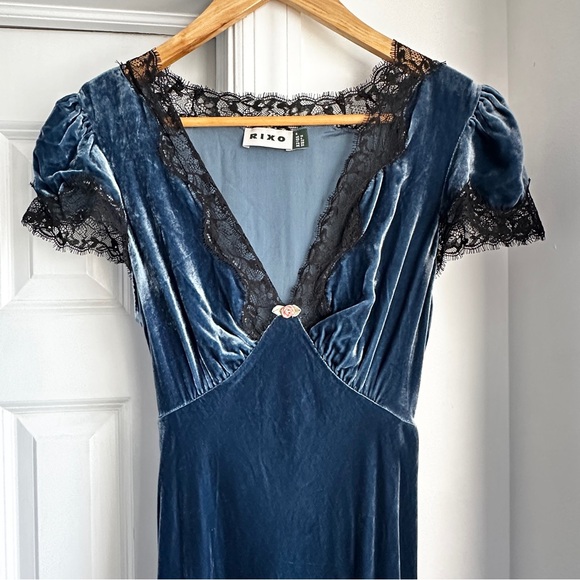 RIXO London Clarice Velvet Lace Trim Maxi Dress in Steel Blue - Picture 8 of 14